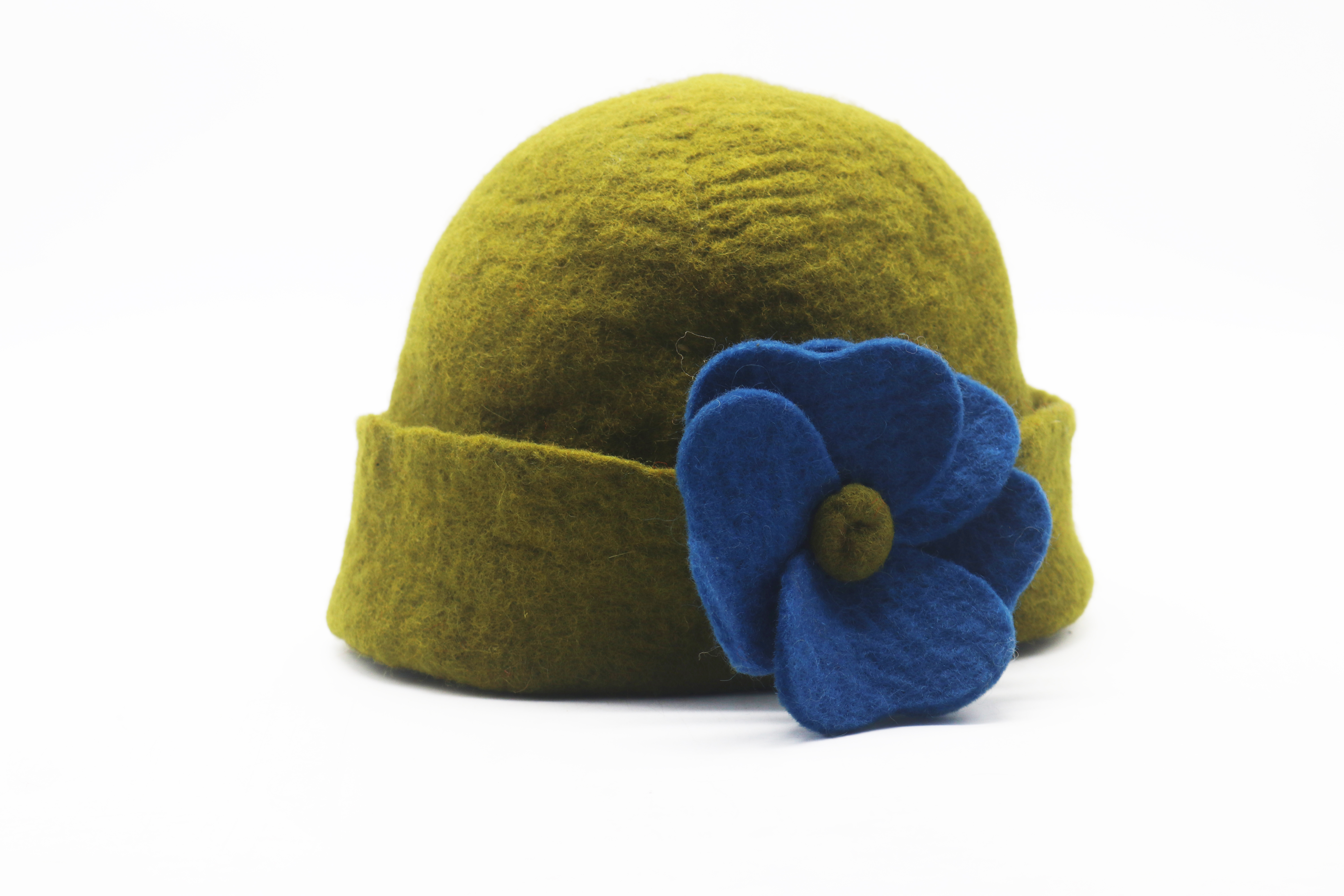 Handmade Wool Felt Cloche Hat with Blue Flower Accent Vintage Winter Women Bucket Hat